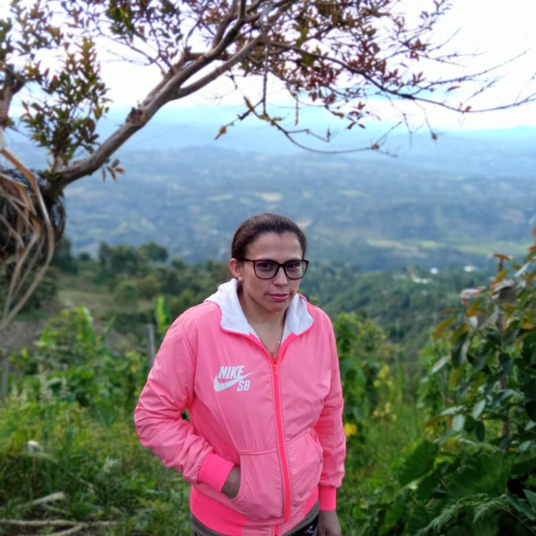 Person wearing a pink Nike jacket standing in a scenic outdoor setting with trees and mountains.