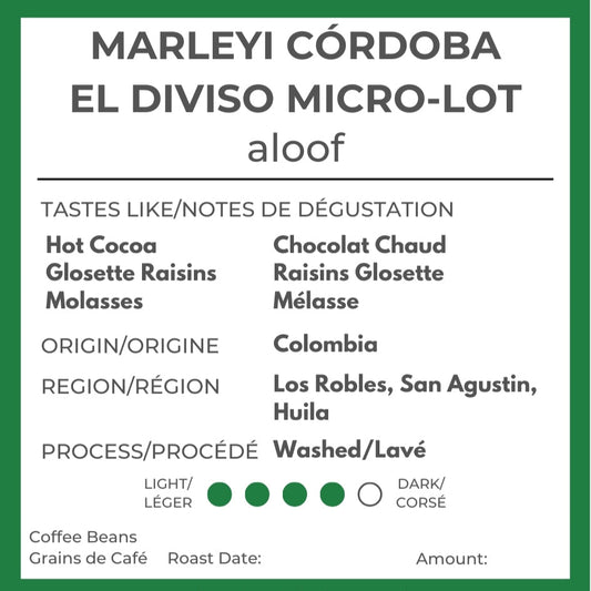 Mood Artisan Coffee label for Marleyié Cordoba El Diviso Micro-Lot aloof coffee