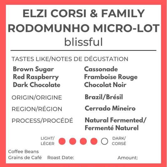 Mood Artisan Coffee label for Elzi Corsi & Family Rodomunho Micro-Lot with flavor notes and coffee details.