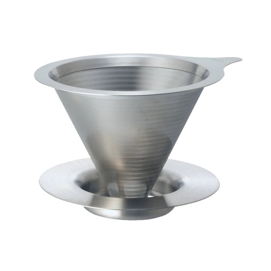 Stainless steel coffee filter on a white background