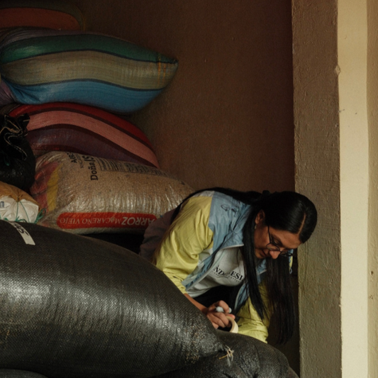 Person sitting on the floor with bags stacked around them in a dimly lit room.